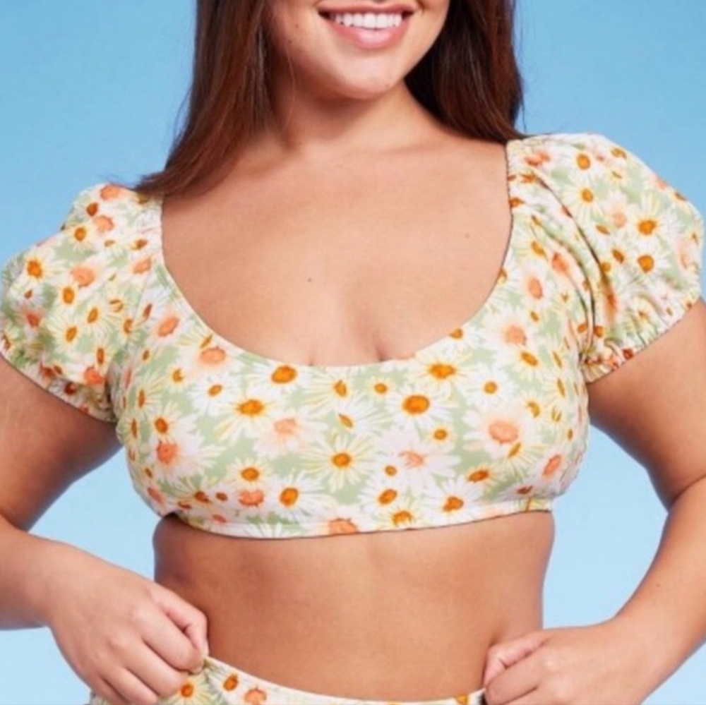 NWT Wild Fable Swimsuit Top Lace Up Back Puff Sleeve 14/16 X